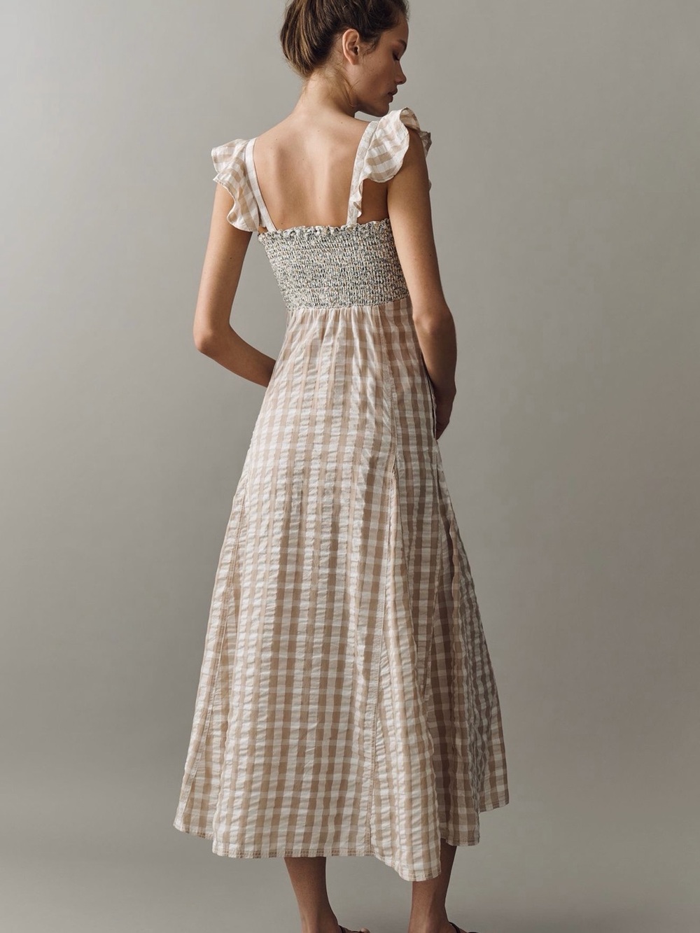 Anthropologie Pilcro Beige & White Gingham Smocked Midi Dress - Picture 2 of 3